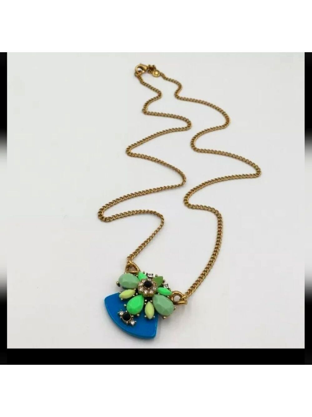 J.CREW GOLD TONE GREEN,BLUE RESIN CUT CRYSTAL 30" NECKLACE NWOT (BAG)